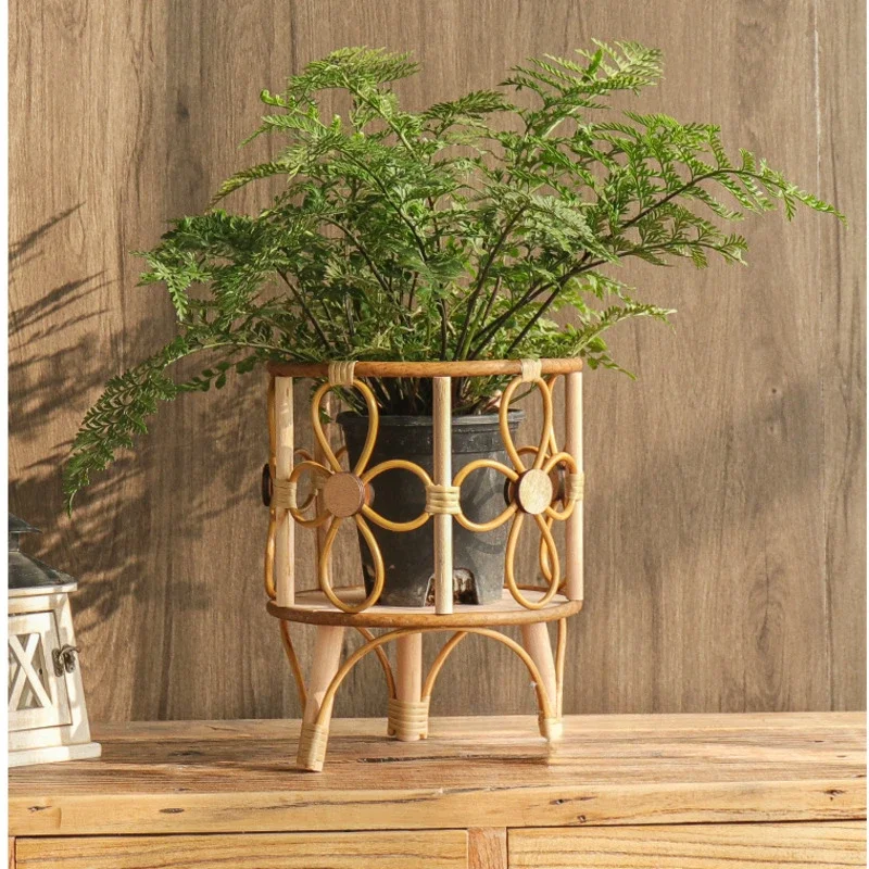 Rattan Weaving Pots for Plants Living Room Floor Plant Shelves, Balcony Decoration, Flower Stand, Versatile Scenes, Wooden Stand