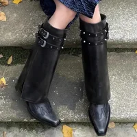 Autumn Cowboy Boots For Women Fashion Slip On Long Pipe Boots Female Square High Heel Trend Winter Footwear - Image 3