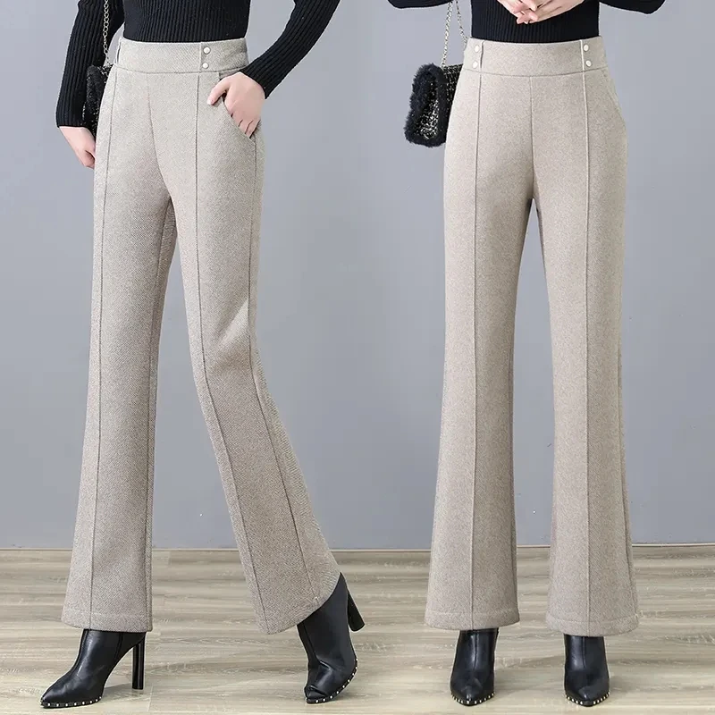 plaid pants Woolen Pants Womens 2022 Autumn Winter High Waisted Casual Straight Flare Pants Slim Plus Size Black Office Lady Women Trousers denim capris for women