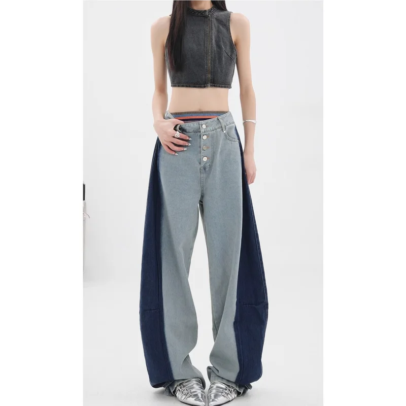 

Blue High Waist Women Jeans Hip-hop Contrasting Colors Fashion Vintage Wide Leg Jean 2024 Y2K Female Trouser Baggy Denim Pants