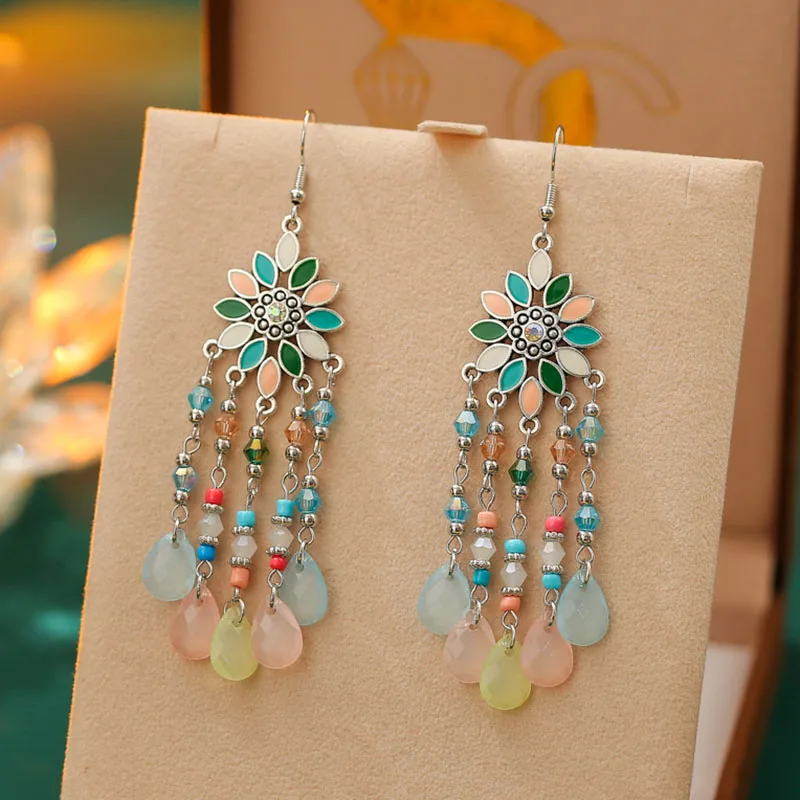 Bohemian Long Tassel Earrings - Turquoise Bead & Copper Coil Dangle Earrings For Women, Vintage Style - View #5