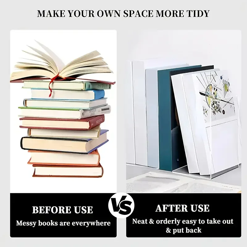 8 Pieces Bookends Clear Bookends for Shelves Heavy Duty Book Ends and Desktop Organizer Book Stopper for Books/Movies/CD