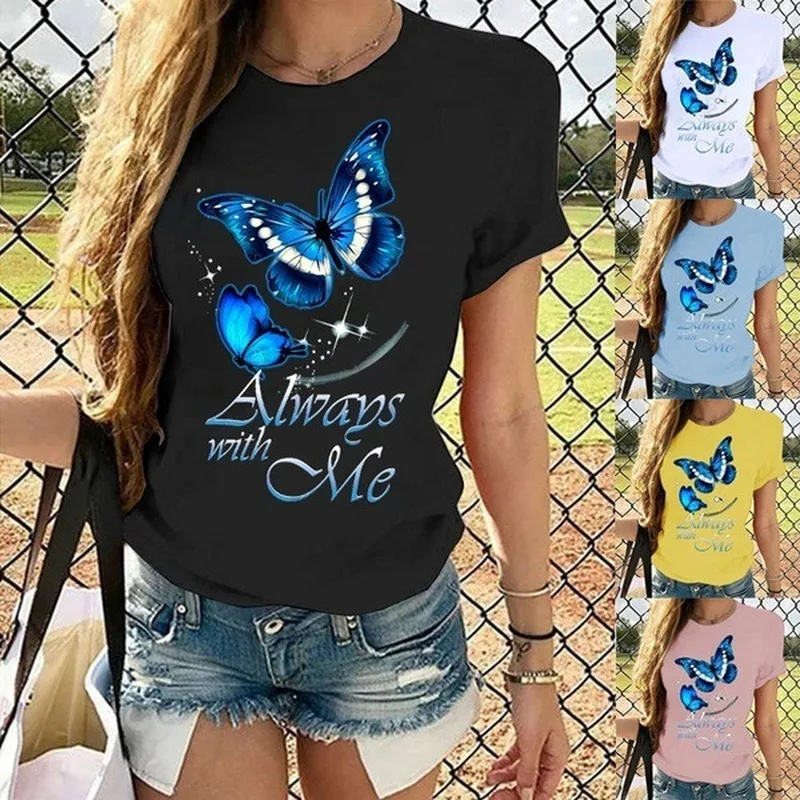 

Always with Me Butterfly Print T Shirt Women Short Sleeve O Neck Loose Tshirt Summer Women Tee Shirt Tops Camisetas Mujer