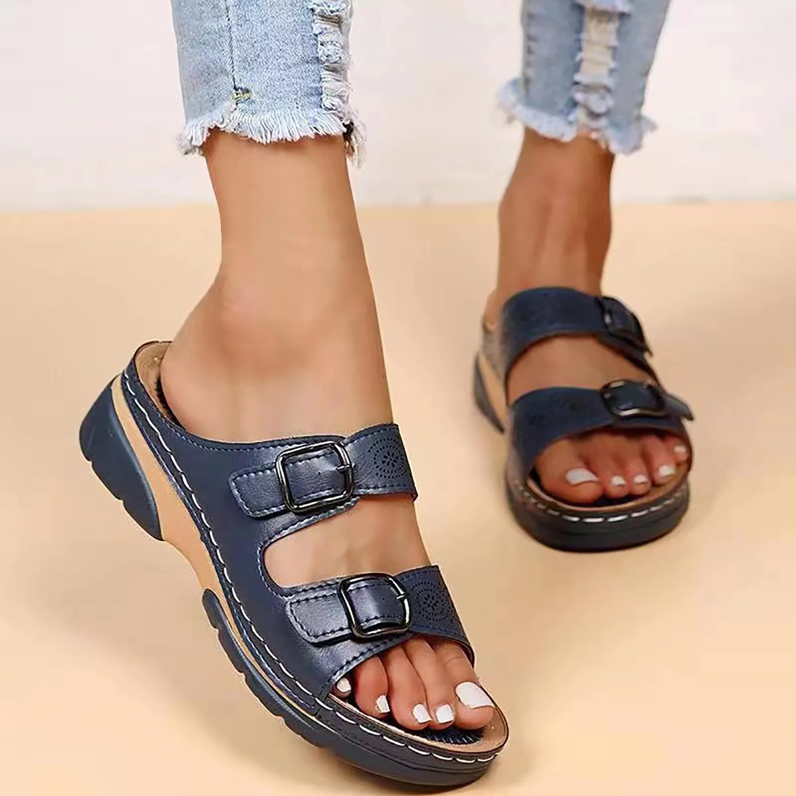 

Fashion Double Buckle Wedge Slippers 2023 Summer Women PU Leather Platform Open Toe Sandals Bohemia Casual Non Slip Beach Shoes