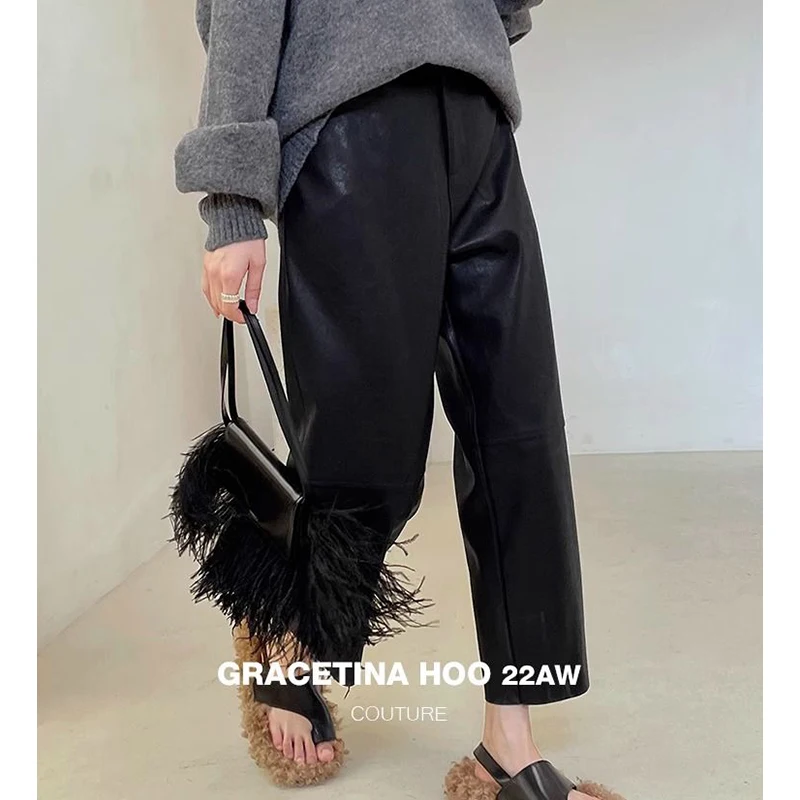 Autumn Winter High Waist Streetwear Fashion Vintage PU Leather Pants Women Loose Casual Harajuku Y2K All-match Straight Trousers