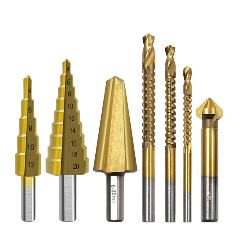 

Step Drill Bit Set High Speed Steel for Titanium Coated 4-12mm/4-20mm/8-20mm HSS Cut Tool Set for DIY Plastic Wood Alumi