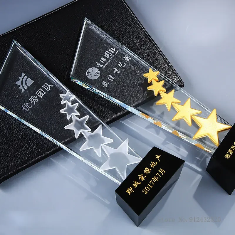Customized Crystal Trophy, Gold, Silver, Copper, Red, Five Stars, lettering, Honour Company Annual Meeting Award, Home Decor 1Pc