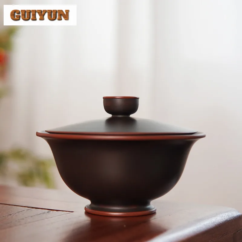 100ml Qinzhou Nixing Pottery Gaiwan Master Handmade Shrimp Play Tea Tureen Stone Carving Cover Bowl Full Hole Filter Lid Tea Set