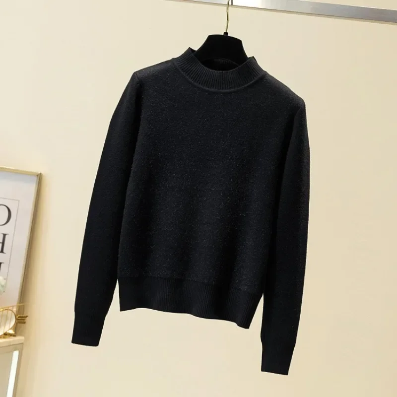 Winter Simple Velvet Thick Slim Fit Knitted Pullover Tops Women's Solid Color Warm Semi High Neck Long Sleeved Sweater New