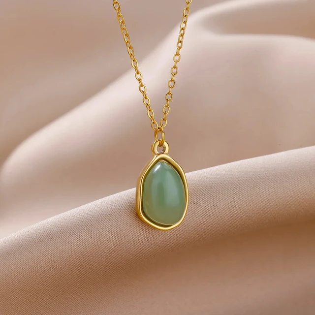Fashion Stone Opal Oval Necklace For Women Stainless Steel Gold Color Green Stone Pendant Necklace Wedding Aesthetic Jewelry Gif 3