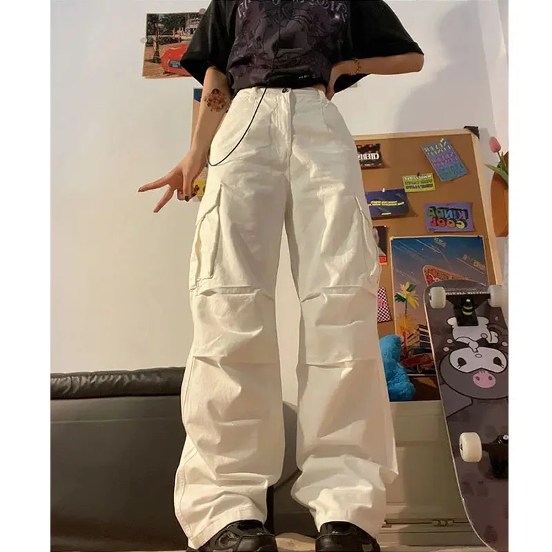 

Y2K Vintage White Cargo Pants Women 90S Streetwear Retro Parachute Trousers Oversized Harajuku Straight Wide Leg Pantalon