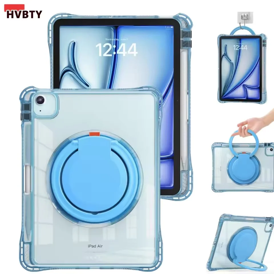 Versatile Clear Shockproof Tablet Case with Handle, Rotary Stand, Magnetic Pen Slot, and Strap