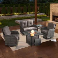 5 Piece Patio Furniture Set with Fire Pit Table - Glider Loveseat, Tempered Glass Side Table, Wicker Patio Sofa Set 1