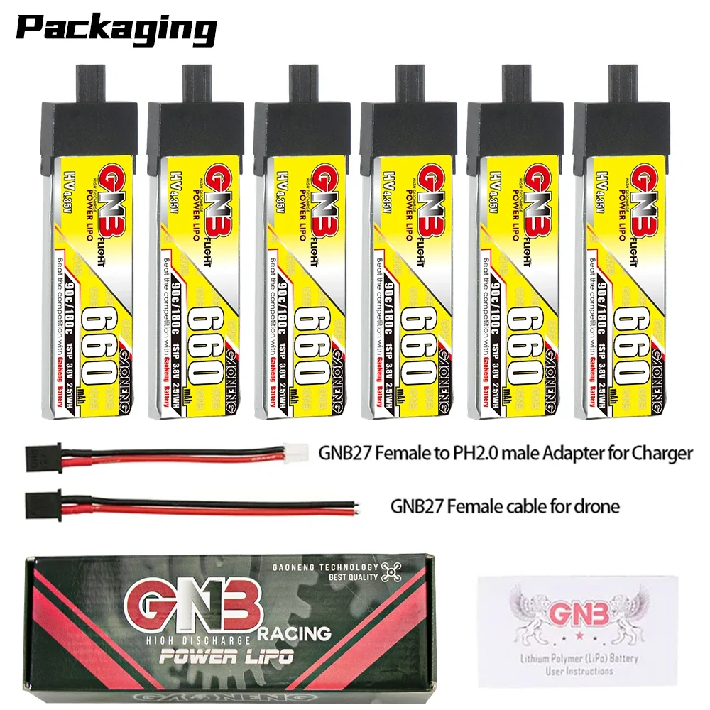 

6PCS GAONENG GNB 660mAh 1S 3.8V 90C HV Lipo Battery With High Current GNB27 Plug For RC FPV Drone Quadcopter DIY Connector Part