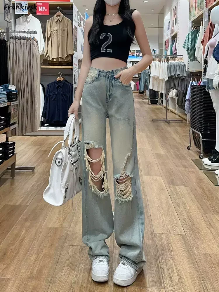 

Asymmetrical Jeans Women Hole Washed Vintage European Style Retro Hotsweet High Street Wide Leg Loose Full Length Summer Thin