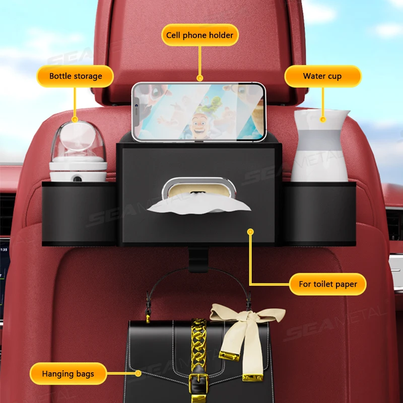 Car Door Handle Storage Box SEAMETAL Car Hook Storage Bag Seat Back Water Cup Phone Holder Tissue Box Rear Storage Organizer Car Interior Accessories