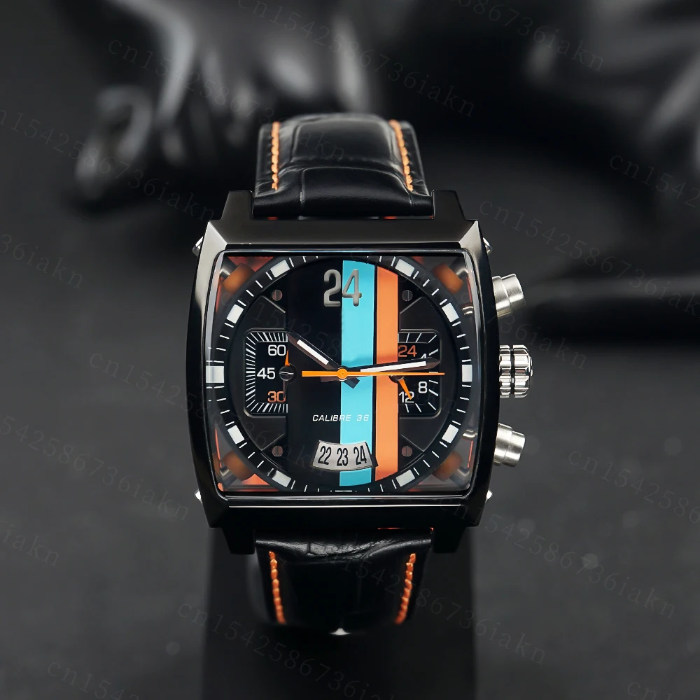 2022Fashion New Men's Color Bar Square Dial Sapphire Mirror Stainless Steel Leather Strap Sports Leisure Waterproof Quartz Watch