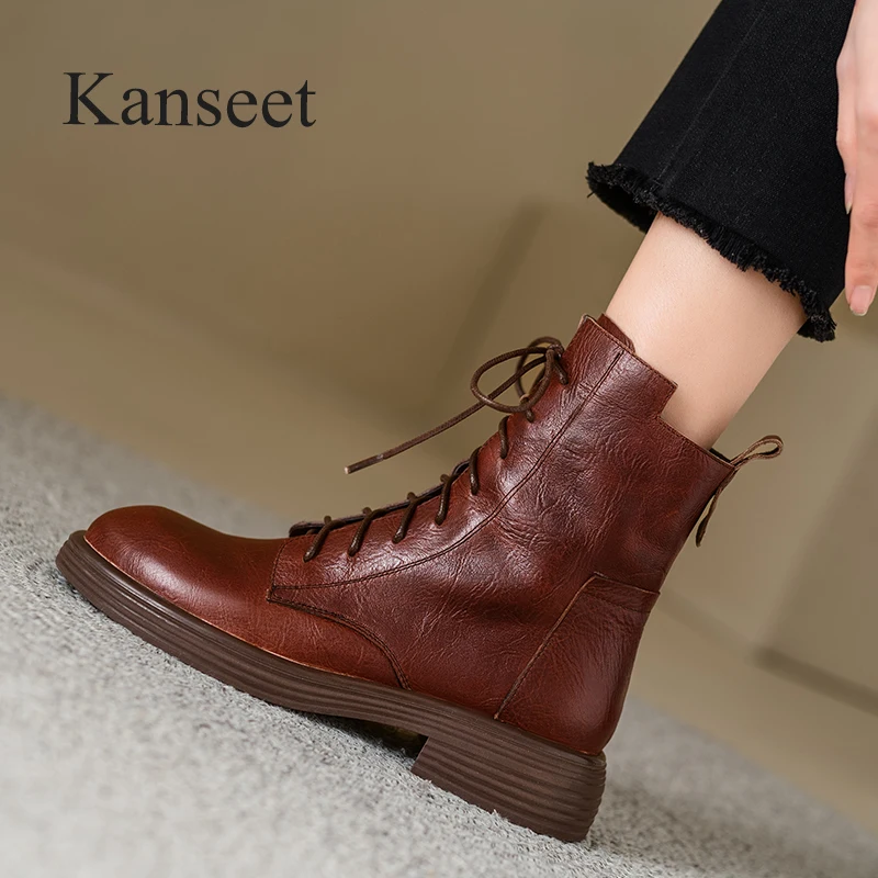 

Kanseet Platform Short Boots For Women Winter Fashion Brown Round Toe High Quality Genuine Leather Zip Mid Heel Lady Ankle Boots