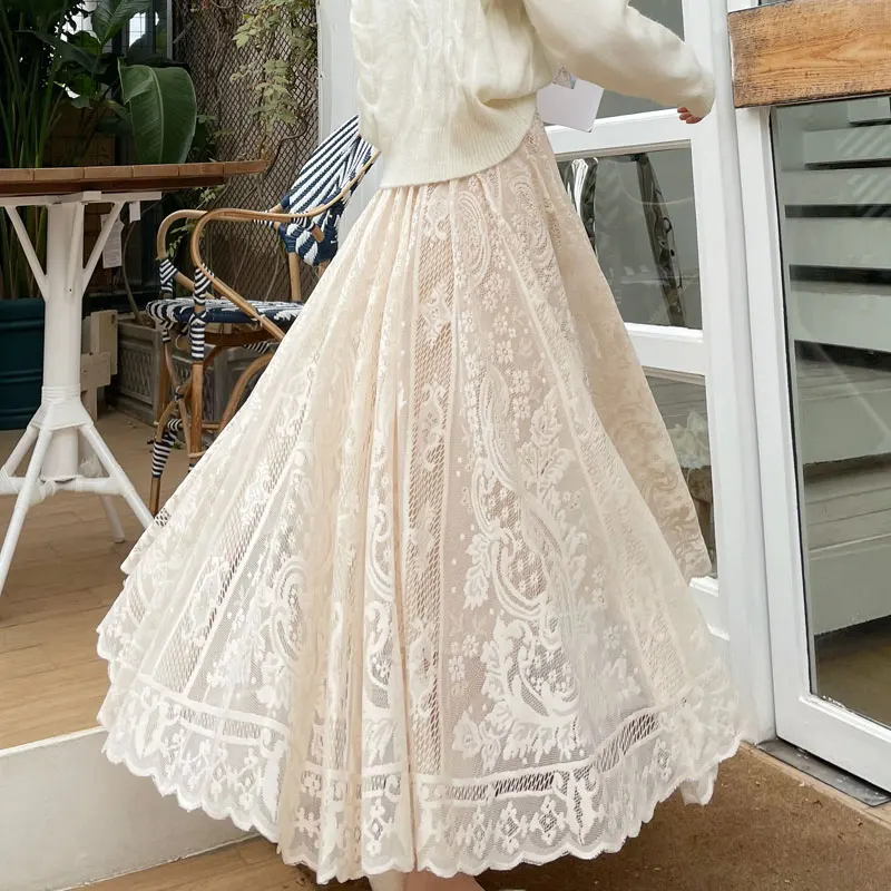 

Spring Autumn Sweet Floral Embroidery Mesh Skirts Women Elastic High Waist Lace Skirt Lady A-Line Large Hem Long Maxi Skirt Saia