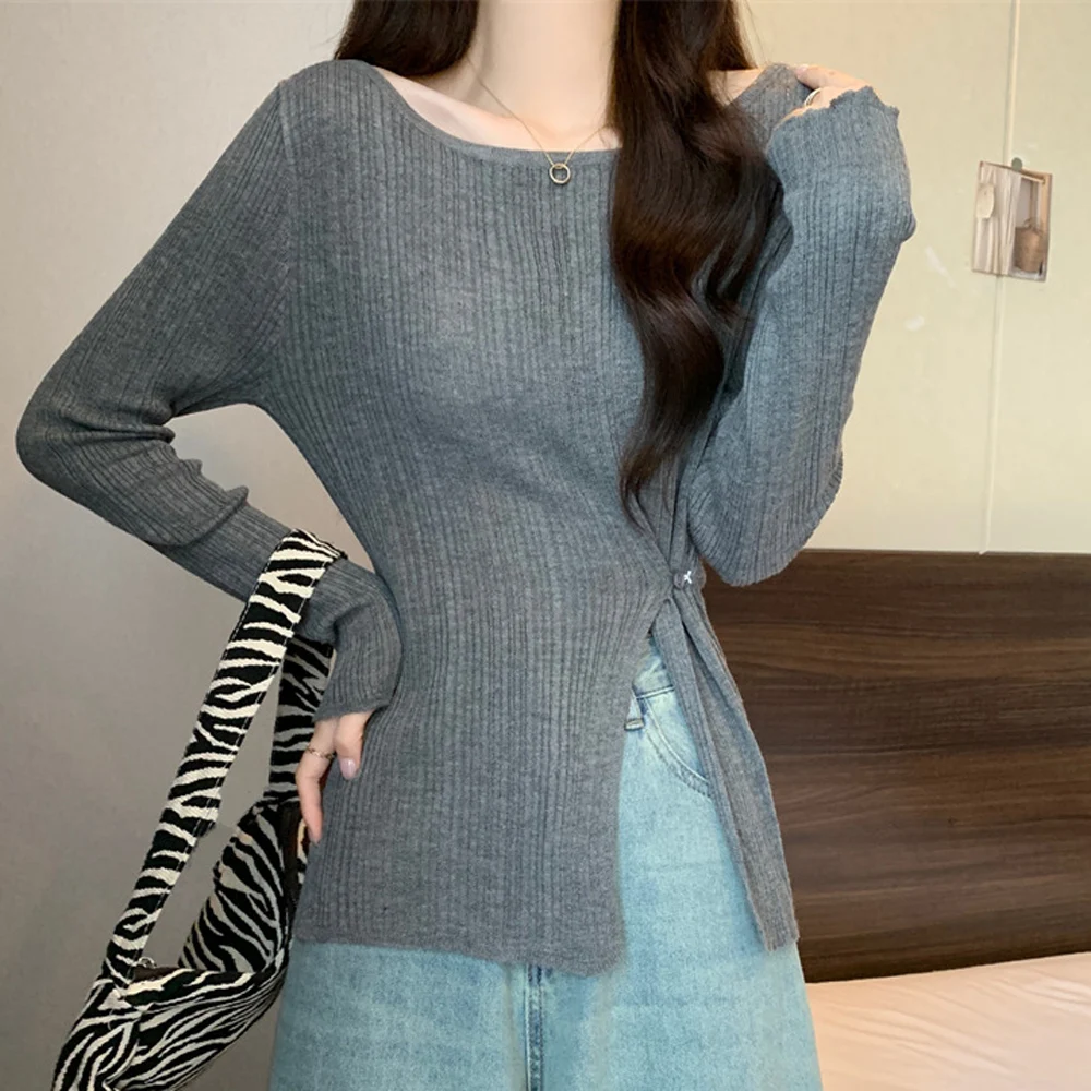 Autumn Winter Knitted Sweater Long Sleeve Solid Color Slim Fit