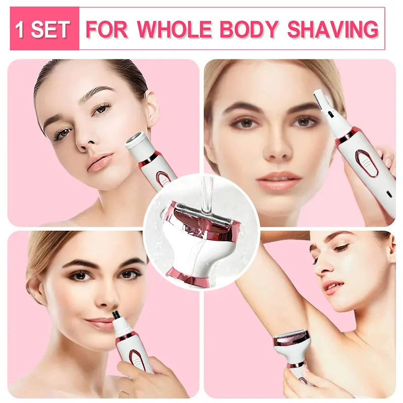 4 in 1 Electric Razor for Women Shaver Lady Shaver Body Hair Trimmer for Armpit Bikini Arm Leg Face Mustache Portable Painless 4