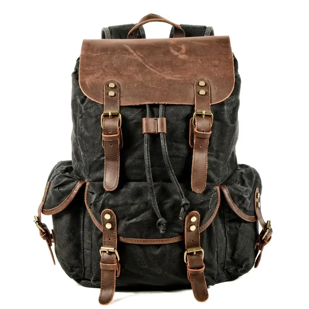 Mens Waxed Canvas Backpack Rucksack forwith Laptop Compartment Rustic Men Wax Leather Backpacks Travel Vintage Bookbag 5