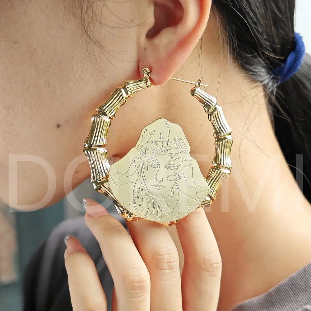 DOREMI Custom Picture Bamboo Hoop Earrings Personalized Photos Necklace Hoop Engrave Lines Street Man Gift Earring Bamboo Hoop