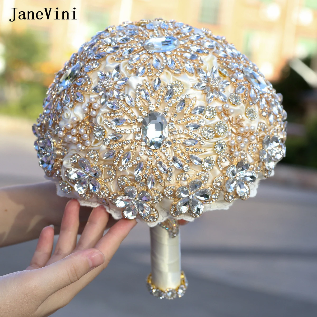 JaneVini Bling Gold Rhinestones Ivory Bridal Bouquets Luxury Full Diamond Artificial Satin Roses Jewelry Wedding Bouquet Flowers