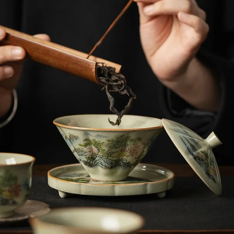 Jingdezhen-Ceramic Tea Cup with Bamboo Hat, Traditional Handmade Tea Ware, Single Bowl, Kung Fu with Lid, Sancai Gaiwan