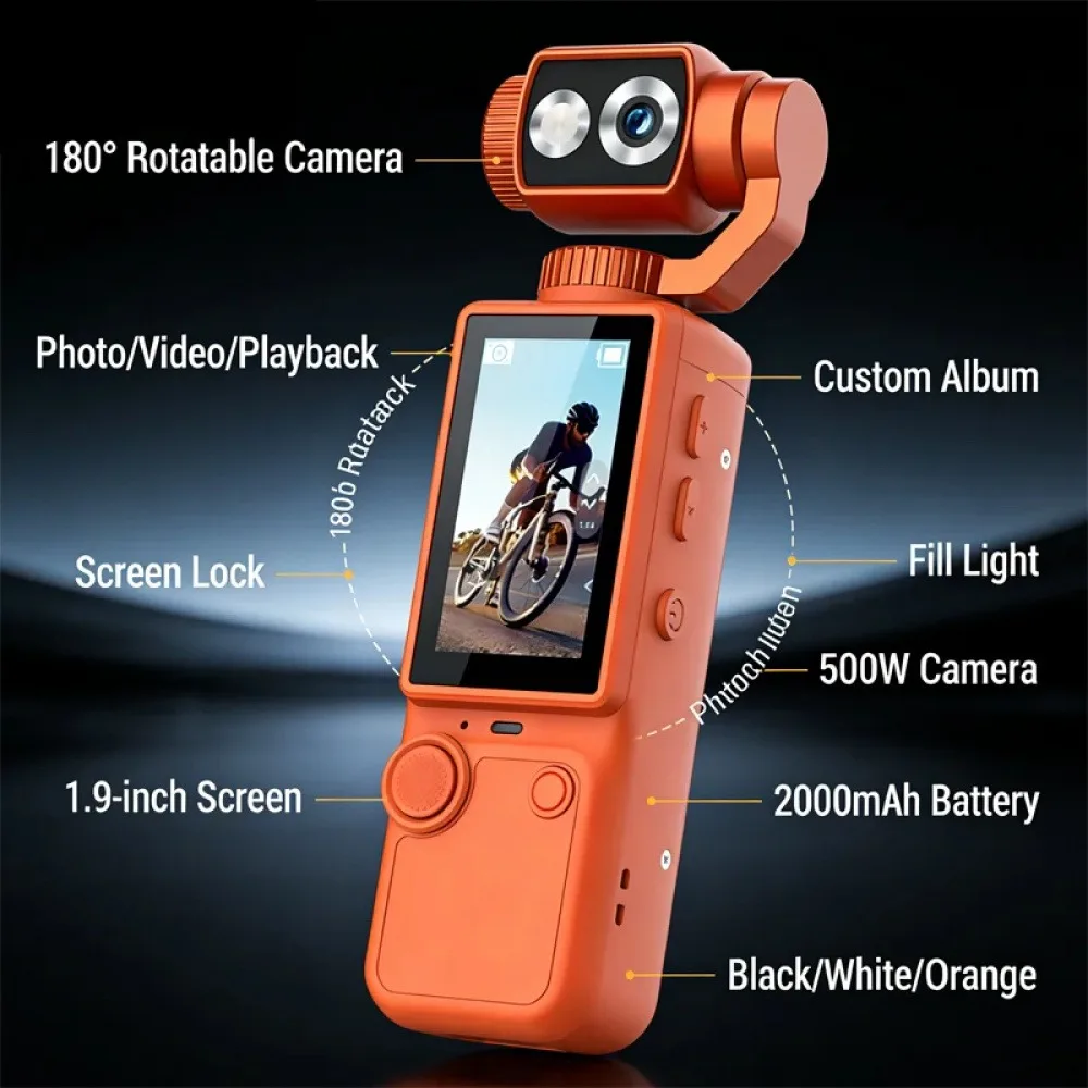 Gimbal caméra sans carte mémoire, vue de côté avec stabilisateur actif.
