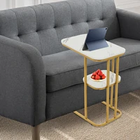 Table d'appoint en forme de C Table basse Table d'appoint de canapé à 2 niveaux Table de collation avec étagère de rangement pour salon chambre cadre en métal blanc 3