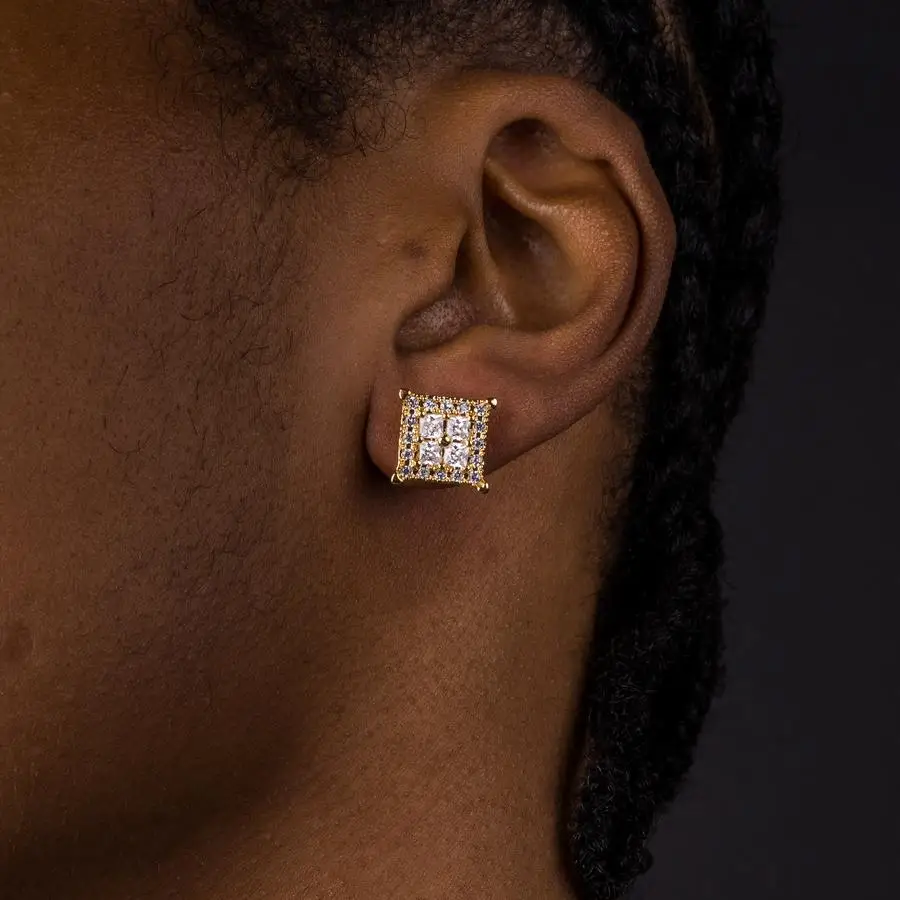 Hip Hop Ice Studded Earrings For Men Male Trend Cubic Zirconia Piercing Hiphop Gold Color Square Earring Jewelry Accessories 4