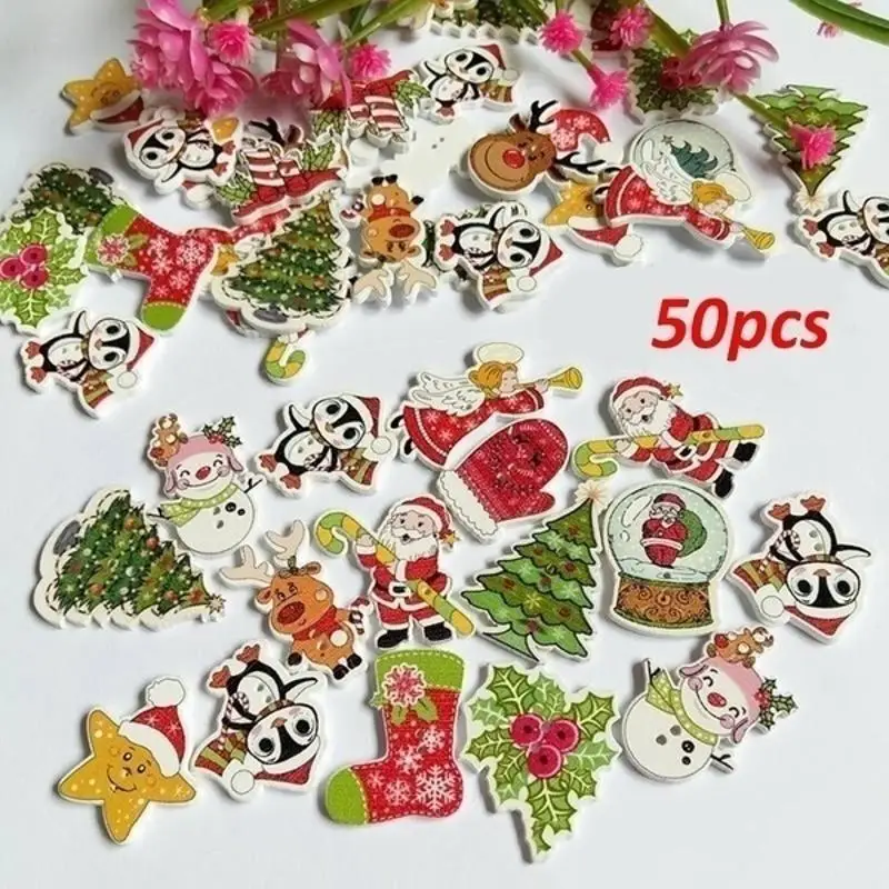 50Pcs/Bag 2-Holes Mix Christmas Star Candles Santa Sock Wood Christmas Decorative Buttons Scrapbooking Craft Sewing Materials
