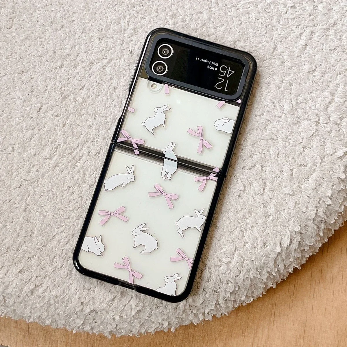 Black Border Acrylic Rabbit Bowknot Phone Case for Samsung Galaxy Z Flip 5 4 3 Back Cover for ZFlip4 ZFlip5 Hard Case Shell