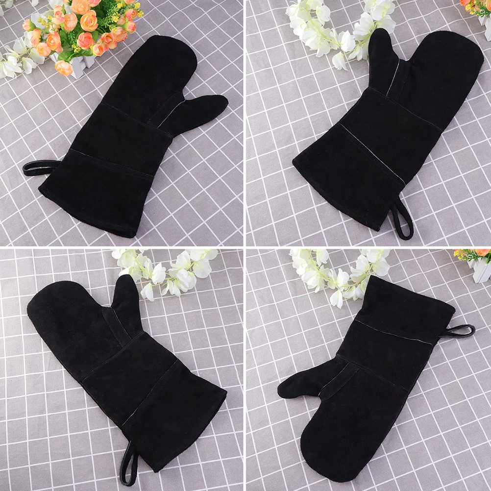 

Prevention Gloves Insulated Barbecue Gloves BBQ Gloves Anti-scald Cowhide Gloves for Fireplace Camping Use Black
