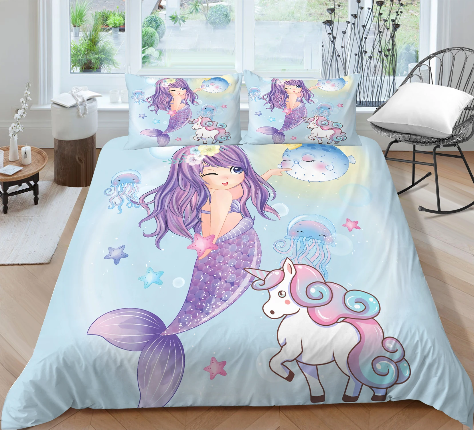 Hot  Bed Linens 2/3pcs 3D Digital Mermaids Printing Duvet Cover Sets 1 Quilt Cover + 1/2 Pillowcases US/EU/AU Size