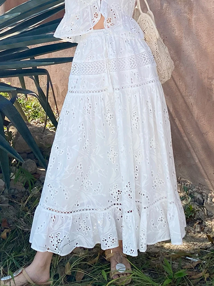 

GypsyLady French Chic Embroidery Maxi Skirt White Casual Summer Women Long Skirts Sheer Hollow Out Ruffles Ladies Skirt Falda