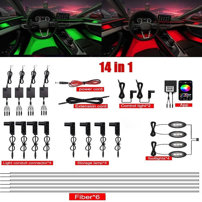 

14 in 1 Car Ambient Light Strip Kit Interior Lighting Sound Active APP Control Acrylic RGB Optical Strip Deco Atmosphere Lamp