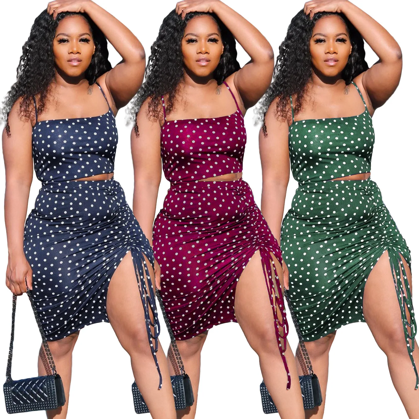 Dot Printed Women's Set Spaghetti Strap Tank Top and Ruched Side Split Bodycon Midi Skirt 2023 Two 2 Piece Set Outfits