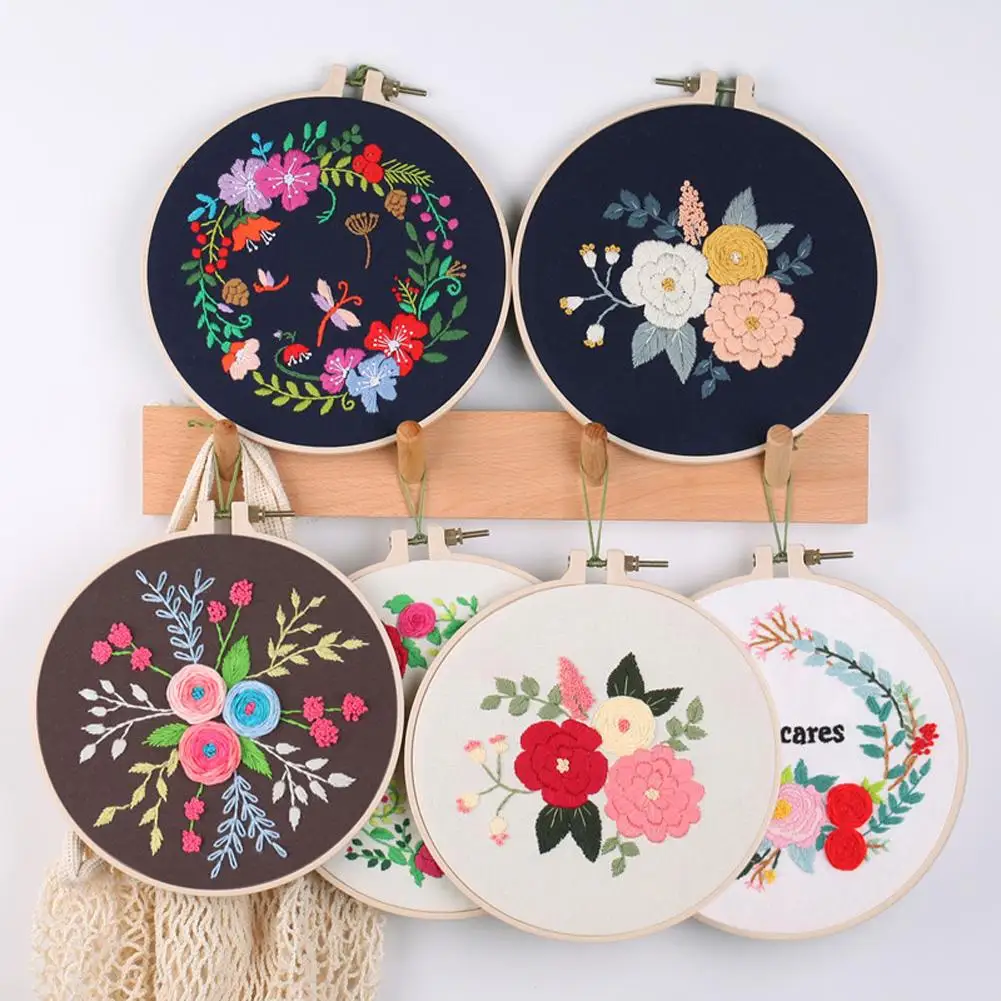 

1pcs Embroidery Starter Kit With Pattern Instructions Cross Stitch Set Flowers Plant Stamped Embroidery Kits With Hoops