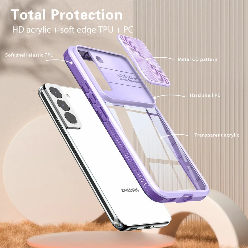 Custodia per telefono trasparente antiurto per Samsung Galaxy S24 S23 S22 Ultra S21 S20 FE Plus A53 A54 Cover protettiva per fotocamera con finestra scorrevole