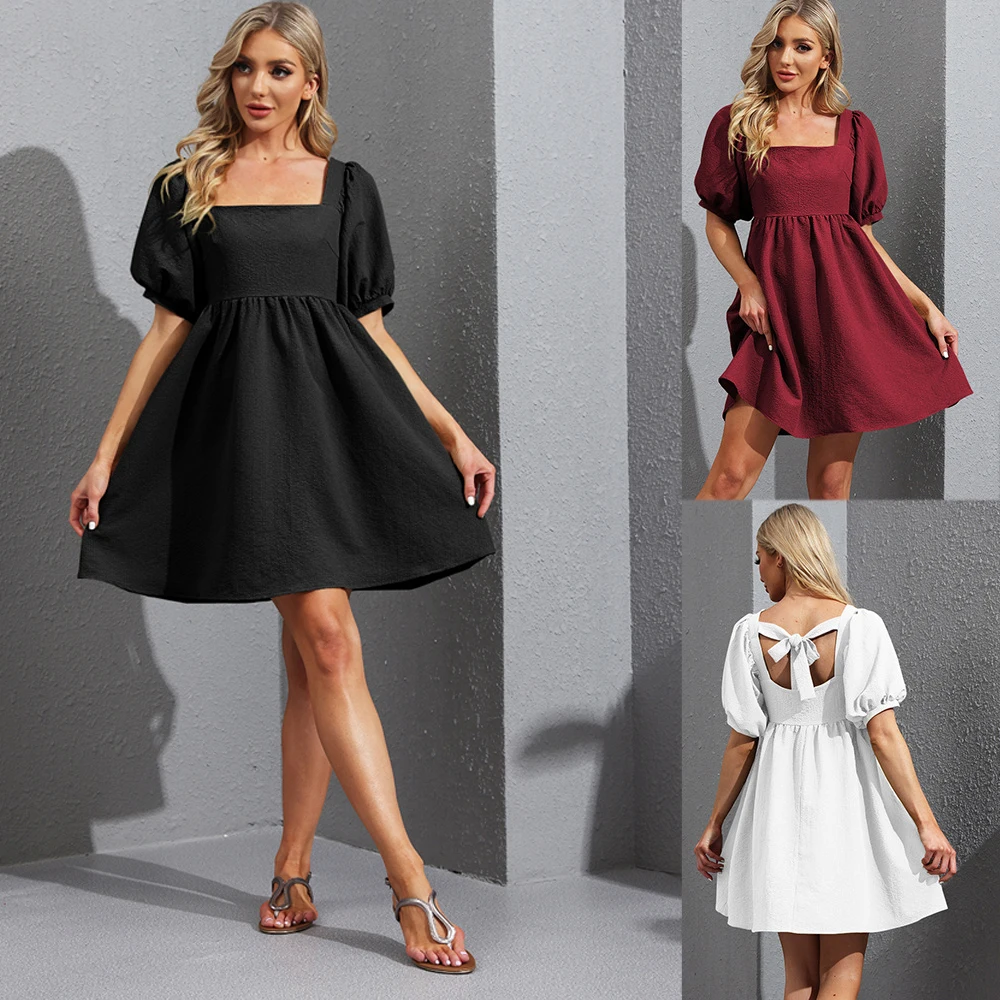 

Summer Women Mini Dress Sexy Elegant Backless Lantern Sleeve Lace Up Beach Boho Sundres 2022 Black Solid Famle Vestido Clothes