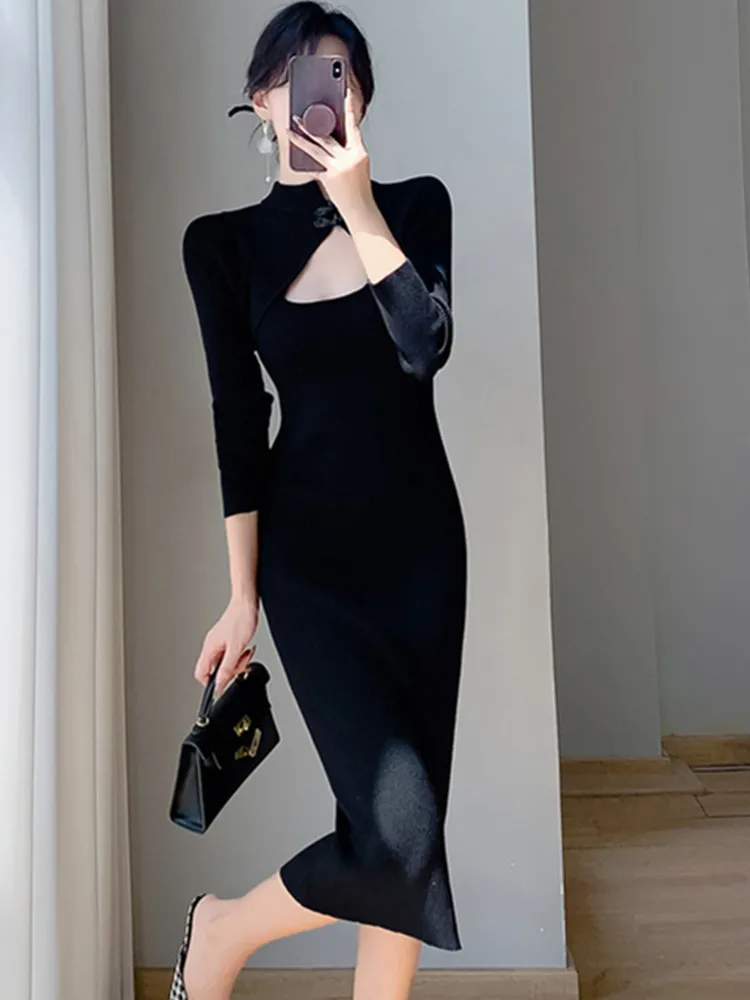 

Coigarsam, новинка, Осень-зима, корейская мода, вязаное длинное винтажное платье-свитер с пуговицами, женская одежда