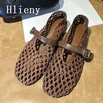 Hlieny Summer Weave Hollow Out Mesh Flats Women Fashion Round Toe Buckle Strap Loafers Ladies Casual Mary Jane Shoe Mules Sandal 1