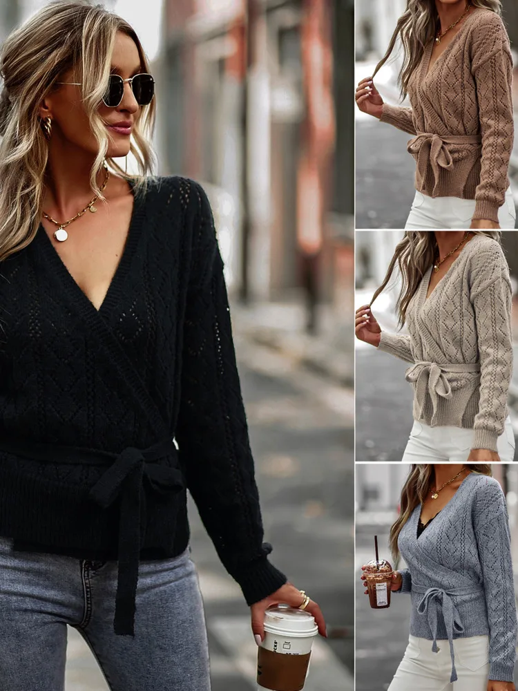 

New Slim Sexy Solid Color V-neck Long-sleeved Sweater Woman Solid Pullover Top All-Match Temperament Design Slim Top 2022