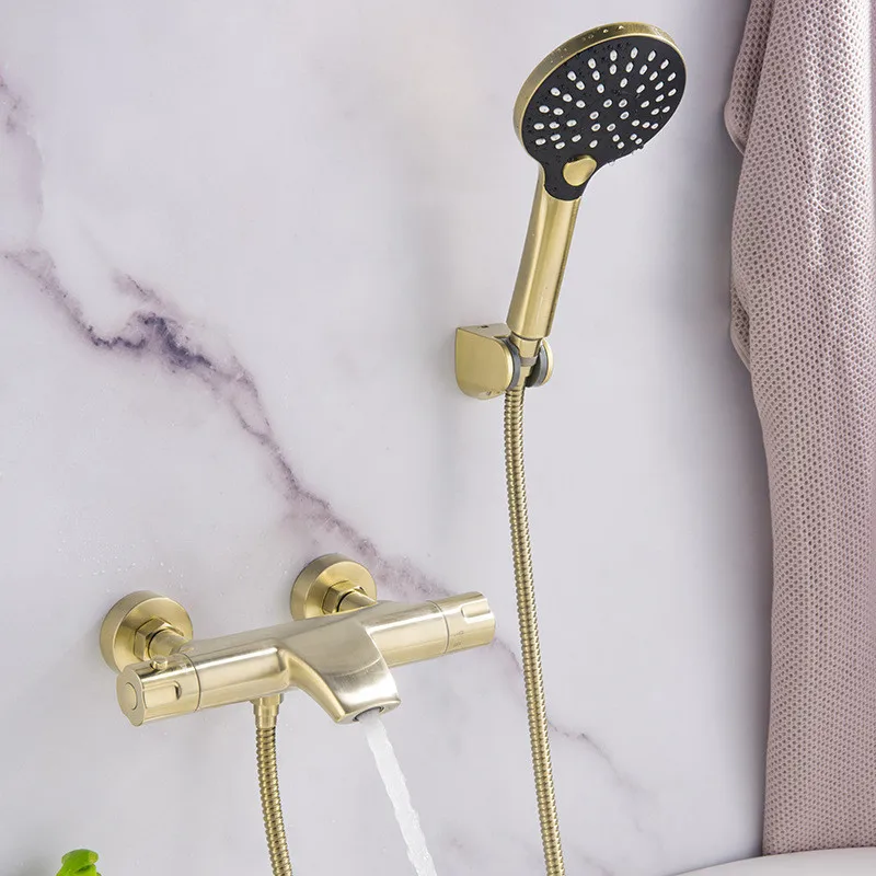 

Thermostatic Bathtub Shower Set Wall Mounted Brushed Gold Bathtub Faucet, Bathroom Bath and Shower Mixer Taps Brass