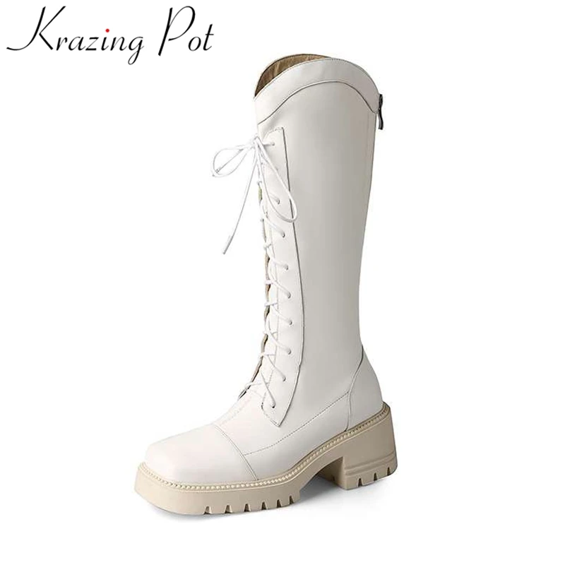 

Krazing Pot 2023 Cow Leather High Heels riding stretch Boots Warm Winter Shoes patchwork Platform Elegant Runway mid-calf Boots