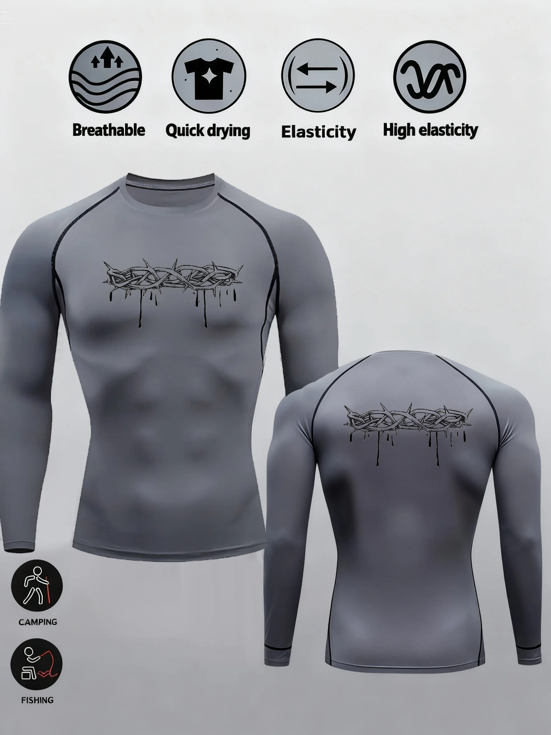 Men‘s Thorns print Compression Running T-Shirt Fitness Tight Long Sleeve Sport T-shirt Training Jogging Shirts Quick Dry Clothes 18 S5391c7c24704427489b4fd6418d96bcfc