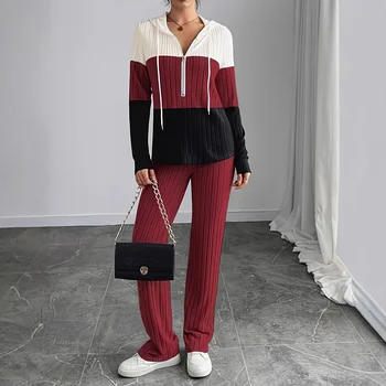  Patchwork Striped Hooded Co Ord Set Women Drawstring Long Sleeve Top Stretch Flare Leg Pants