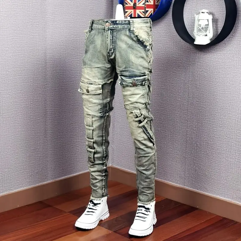 Spring and Autumn 2022 New Distressed Jeans Men's Patch Patch Multi Pocket Slim Fit Feet Trendy Retro Pants